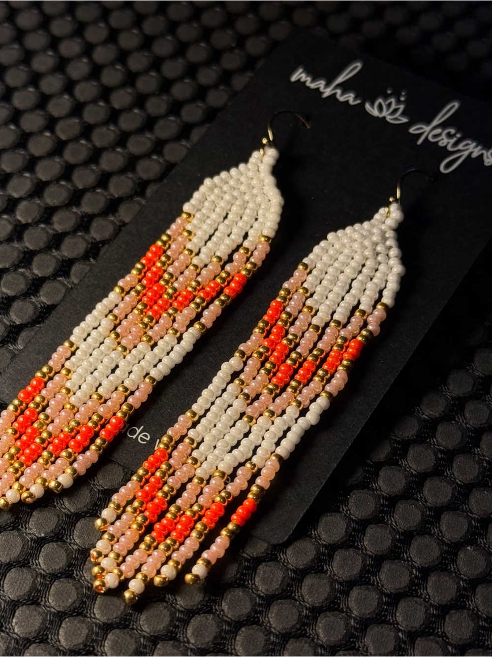 White, Coral & Pink Beaded Fringe Earrings